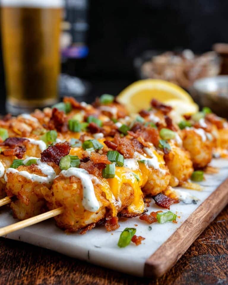Tot Skewers: Cheesy Ground Beef and Bacon Tater Tot Skewers Recipe