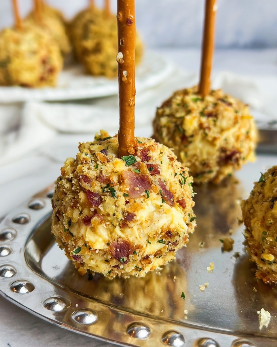 The image shows small round cheese balls covered with crumbs that are light yellow, orange, and brown with bits of green herbs mixed in. Each cheese ball is pierced from the top by a light brown pretzel stick that stands upright. The cheese balls have a rough texture with visible nut pieces and bacon bits. The balls are presented on a shiny metal tray with raised dot decorations placed on a white marbled surface. In the background, more cheese balls can be seen on a white plate with a white napkin underneath. The lighting highlights the creamy texture and crumbly outer layer of the cheese balls. photo taken with an iphone --ar 4:5 --v 7