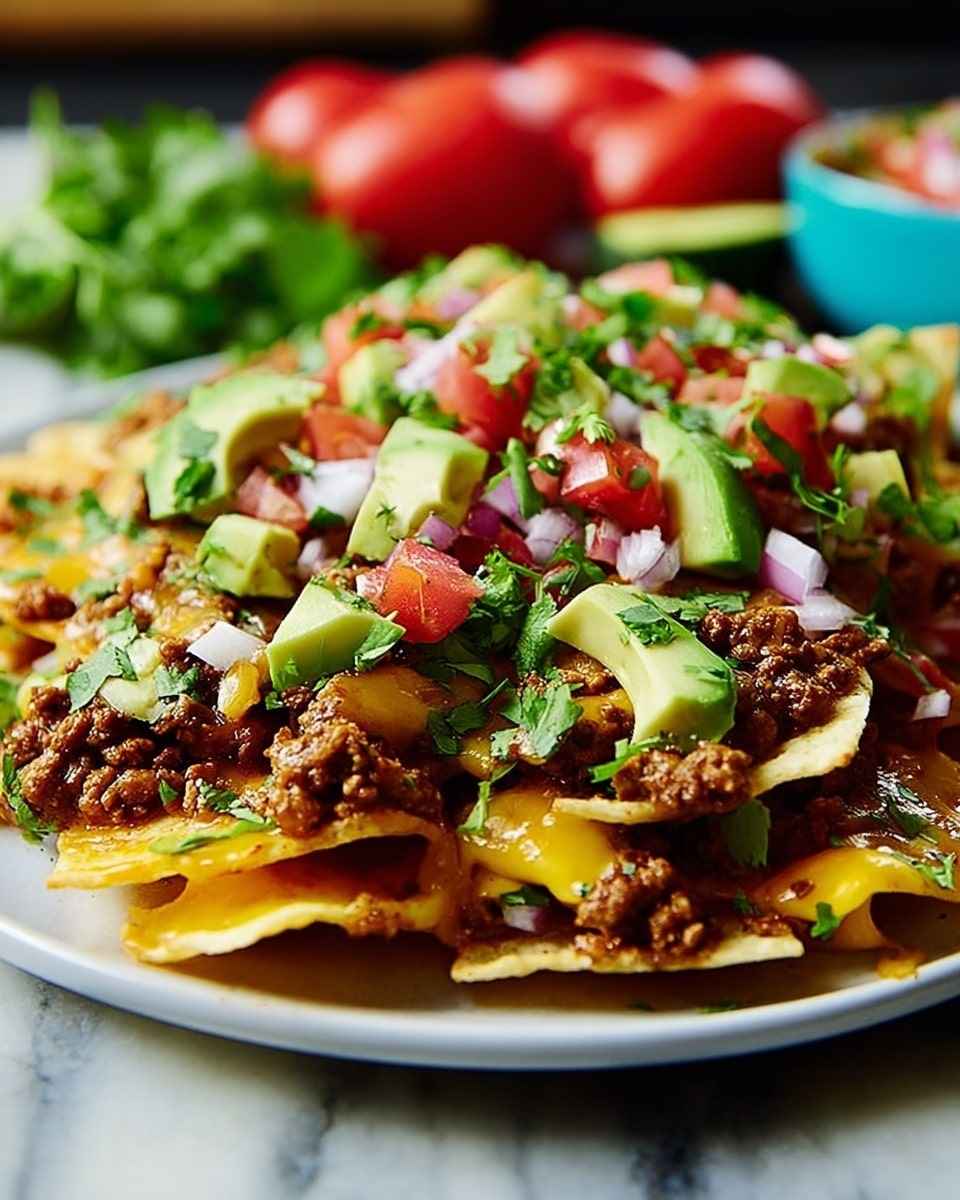 A white plate full of nachos layered with melted yellow cheese, brown ground meat, and beans. On top, there are chopped red tomatoes, white onions, green cilantro, and slices of light green avocado. The plate sits on a white marbled surface with blurry green and red vegetables in the background. photo taken with an iphone --ar 4:5 --v 7