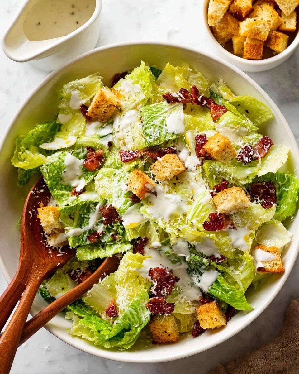 A white bowl filled with a salad showing three main layers: at the bottom, bright green romaine lettuce leaves with crisp textures; on top, small golden-brown croutons and scattered dark red pieces of crispy bacon; drizzled evenly with creamy white dressing and sprinkled finely with white grated cheese. Two wooden salad forks are partially inside the bowl, one holding some salad pieces. In the back on a white marbled surface, a small white bowl of crunchy croutons and a white jug with more dressing are visible. Photo taken with an iphone --ar 4:5 --v 7