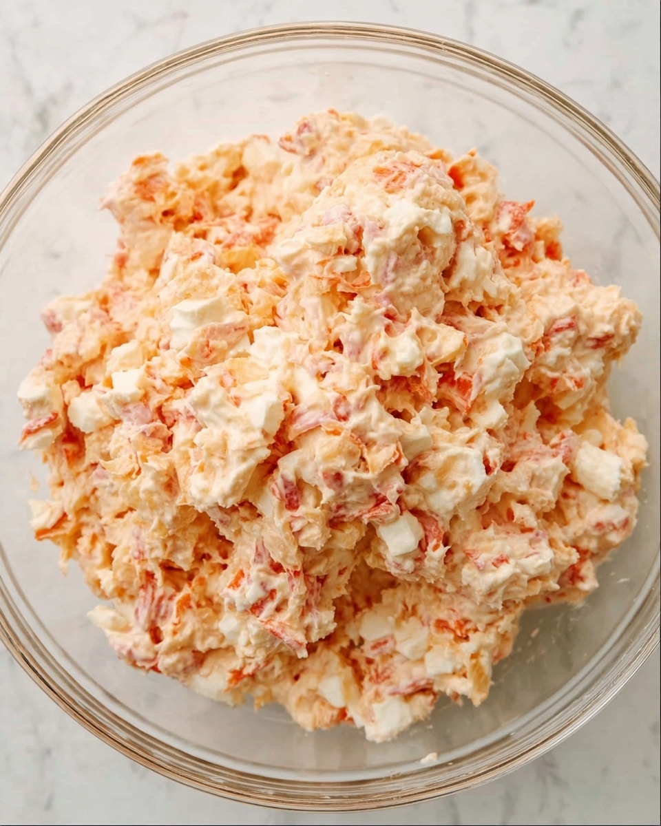 A clear glass bowl filled with a creamy salad mixture that has three main layers of texture and color: small white and light orange chunks spread evenly throughout, with some red bits mixed in, creating a slightly uneven texture that looks soft and moist. The bowl sits on a white marbled background. Photo taken with an iphone --ar 4:5 --v 7