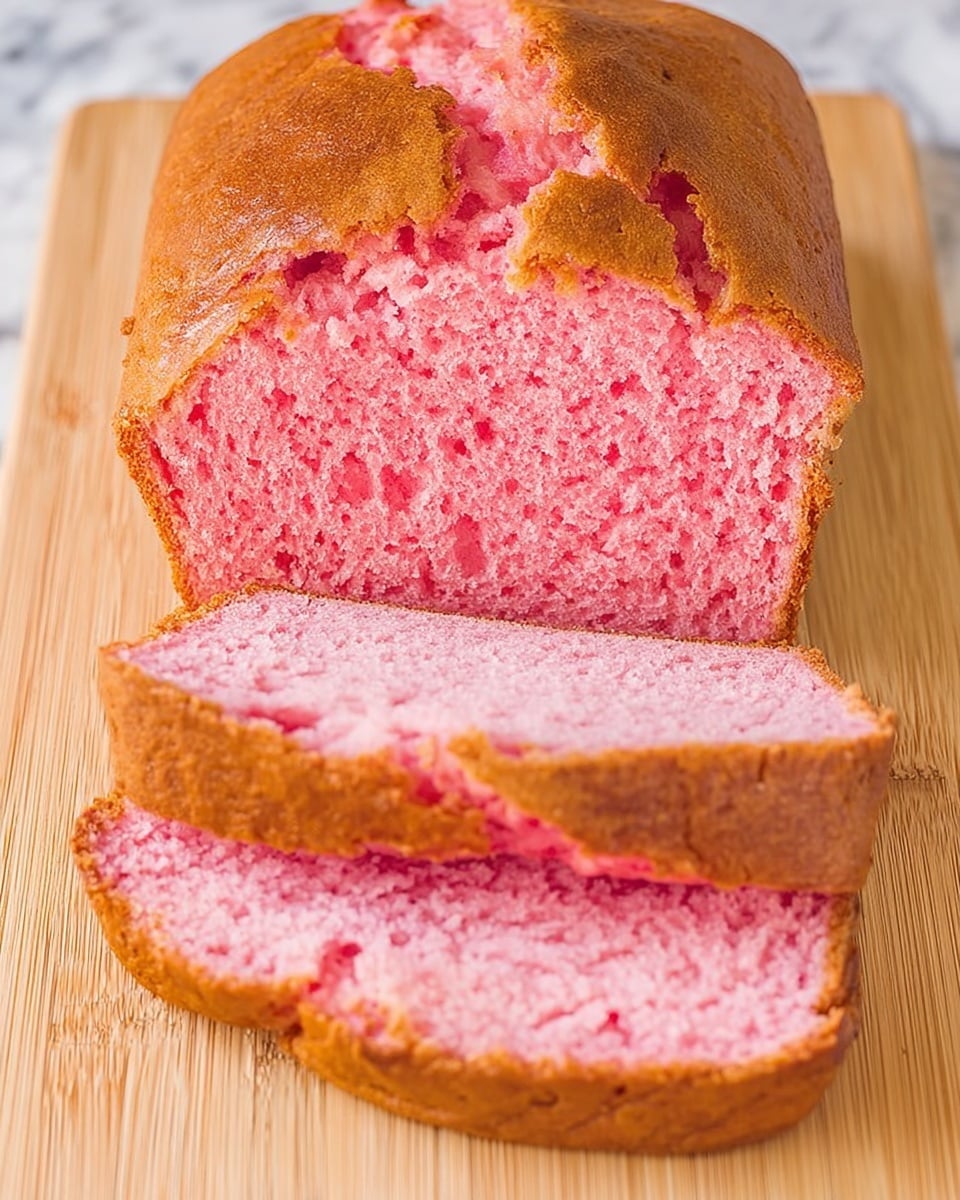 A loaf of pink bread is shown, partially sliced with three visible slices fanned out in front of the main loaf. The bread's outer crust is golden brown and slightly cracked on top, while the inside is bright pink and looks soft with a moist, crumbly texture. The bread rests on a light wooden cutting board with visible wood grain. There is no plate or bowl in the image. The background is a white marbled texture. photo taken with an iphone --ar 4:5 --v 7