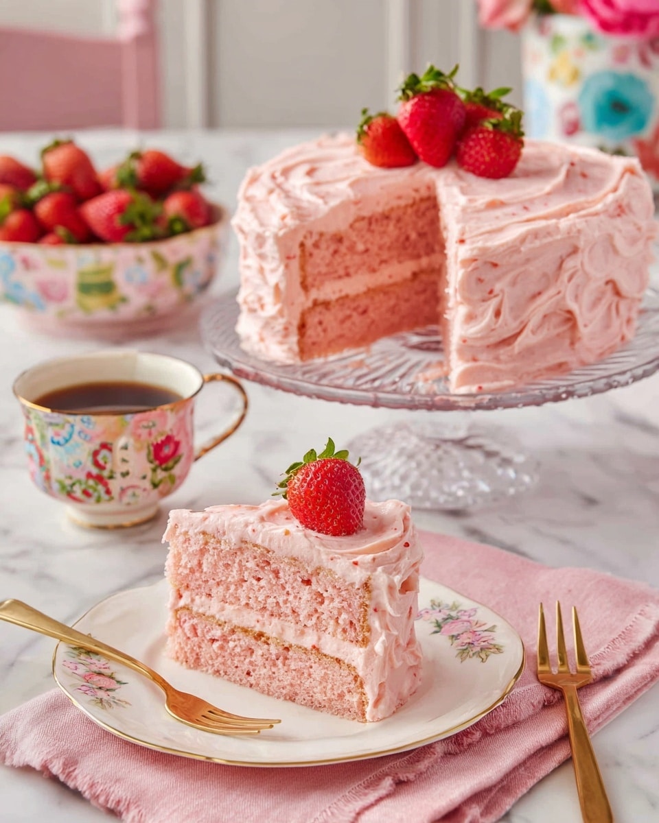 A pink, two-layer cake with thick, swirled frosting covers the whole cake, sitting on a clear glass cake stand. The frosting has a creamy, slightly textured look with visible bits of strawberry. Three fresh strawberries rest on top of the cake. A single slice is placed on a white plate with small floral designs and gold edges, showing two layers of soft pink cake separated by a layer of the same pink frosting. A fresh strawberry sits on top of the slice. The setting includes a gold fork on a pink cloth, a cup of coffee in a white cup with colorful flowers, and a bowl of fresh strawberries, all arranged on a white marbled surface. photo taken with an iphone --ar 4:5 --v 7