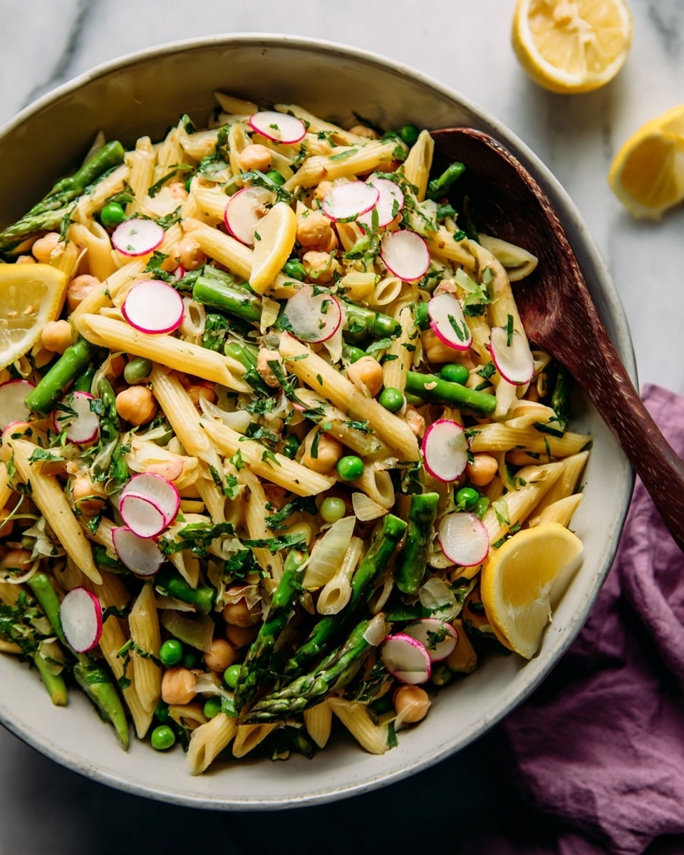 A large white bowl filled with a pasta salad showing three main layers: the bottom layer is light yellow penne pasta, mixed with beige chickpeas; the middle layer has bright green asparagus and peas scattered throughout; the top layer is garnished with thin red and white radish slices, fresh green herbs, and thin yellow lemon wedges placed on top and around the salad. A dark wooden spoon rests partially inside the bowl. The bowl is placed on a white marbled surface with a soft purple cloth nearby. Photo taken with an iphone --ar 4:5 --v 7