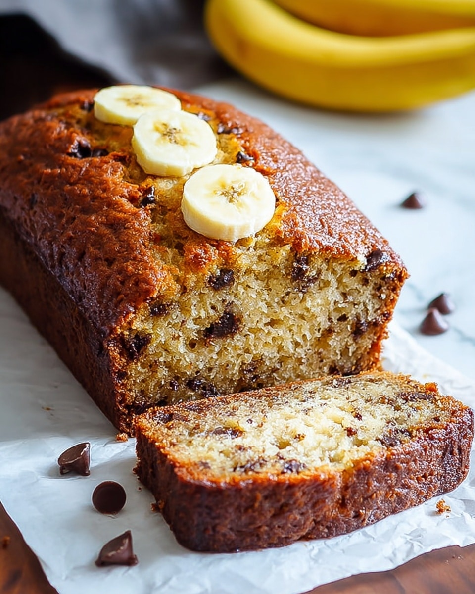The image shows a loaf of banana bread with a golden-brown crust resting on white parchment paper over a white marbled surface. The loaf is one solid piece with one thick slice cut from the front, revealing a moist, light-yellow interior speckled with chocolate bits. Three banana slices are placed on top of the loaf, adding a soft yellow color contrast. A few chocolate chips are scattered near the bread on the parchment paper, with a whole banana blurred in the background. The overall texture of the bread looks soft and slightly crumbly. photo taken with an iphone --ar 4:5 --v 7