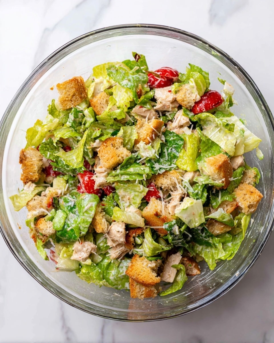 A clear glass bowl filled with a mixed chicken salad sits on a white marbled surface. The salad has multiple layers and textures: bright green chopped romaine lettuce leaves scattered throughout, small pieces of cooked light brown chicken evenly mixed in, crunchy light golden croutons at the bottom and edges, and halved red cherry tomatoes adding spots of color. The ingredients look fresh and lightly tossed with small bits of shredded pale cheese visible among the layers. photo taken with an iphone --ar 4:5 --v 7