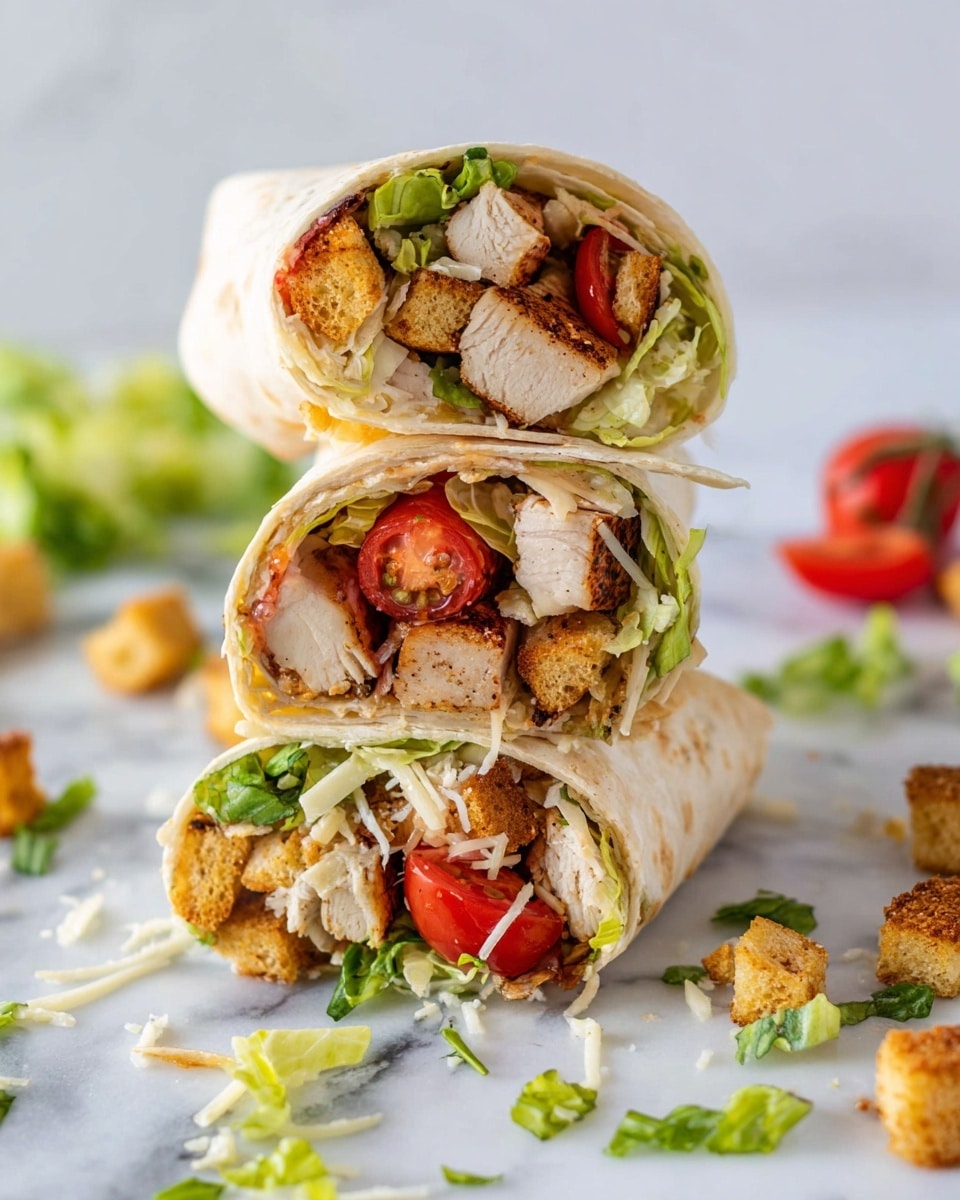 The image shows a stack of three white tortillas filled with layers of grilled chicken pieces, bright red cherry tomato halves, crunchy brown croutons, fresh green lettuce, and shredded cheese. The wrap is cut in half, exposing the colorful mix inside with textures ranging from soft chicken to crisp lettuce and crunchy croutons. The background and surface are smooth white marbled texture, with a few pieces of lettuce and one crouton scattered around. The lighting is bright and natural, highlighting the fresh ingredients and their vibrant colors photo taken with an iphone --ar 4:5 --v 7
