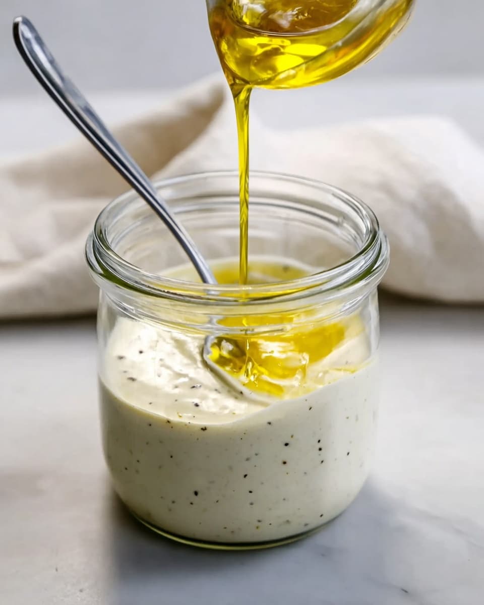 A close-up image shows a glass jar filled with a creamy white sauce that has small black pepper specks inside. A silver spoon is placed inside the jar, partially submerged in the sauce. Above the jar, golden yellow oil is being poured smoothly from a small glass container, catching light as it flows into the jar. The jar is placed on a white marbled surface with a light-colored cloth softly blurred in the background. photo taken with an iphone --ar 4:5 --v 7