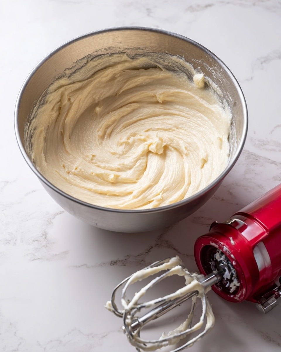 A shiny silver metal bowl placed on a white marbled surface holds creamy, light tan batter with visible swirl patterns throughout. Batter clings to the sides of the bowl and is partly smeared on the inner edge. In front of the bowl, a red electric mixer with metal beaters covered in the same batter rests, showing a smooth and fluffy texture. The scene is simple, clean, and focused on the batter with no extra items. photo taken with an iphone --ar 4:5 --v 7