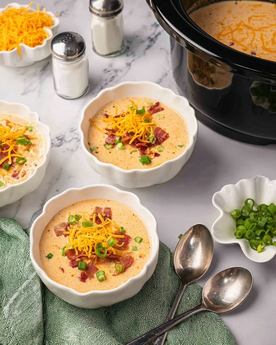 Three white scalloped bowls hold a creamy light orange soup with visible small pieces of green peppers and crispy brown bacon, topped with shredded yellow and white cheese and more green pepper pieces in the center. The bowls sit on a white marbled surface, surrounded by a small white flower-shaped dish of chopped green peppers, a similar dish filled with shredded cheese, and white salt and pepper shakers. A green textured cloth is placed beneath two metal spoons near the foreground. A black slow cooker partially filled with the same soup appears in the background. Photo taken with an iphone --ar 4:5 --v 7