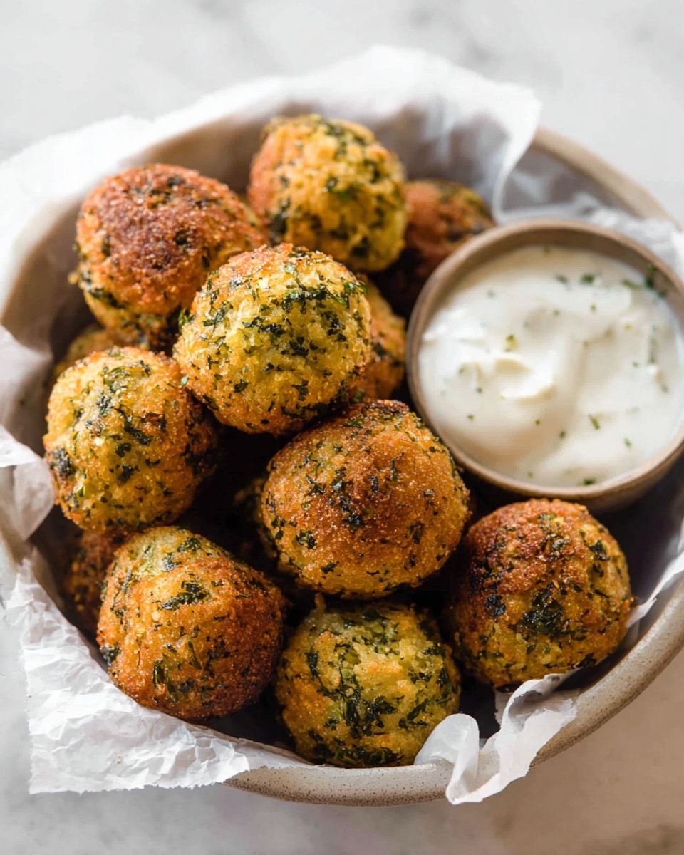 A close-up view of a white bowl filled with about ten golden-brown baked balls mixed with green herbs, each ball round and textured with small crispy spots. Inside the bowl, there is a white parchment paper lining underneath the balls. At the top right of the bowl, a white dip with a smooth creamy texture is placed in a small round container, with one herb ball partially dipped in it. The background shows a white marbled surface. photo taken with an iphone --ar 4:5 --v 7