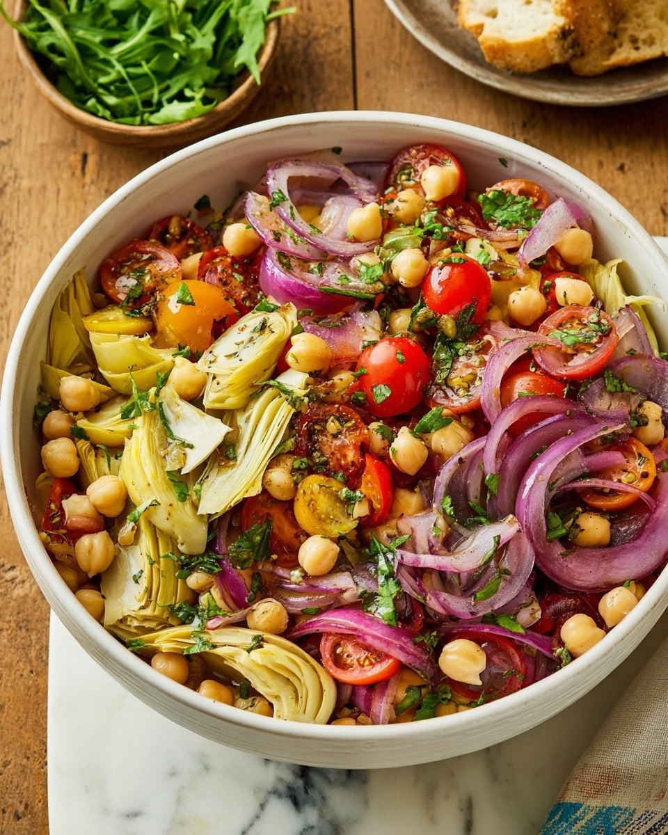 A large white bowl filled with a colorful salad that has three main layers: at the bottom, light beige chickpeas form a soft layer scattered throughout; on top of that are quartered light yellow artichoke hearts with a smooth texture placed evenly; the top layer is made of thinly sliced curved purple-red onion rings, bright red halved cherry tomatoes, and green herbs sprinkled all over. The salad looks fresh and juicy with a mix of soft and crunchy textures. The bowl sits on a wooden table with a white marbled surface visible around it. In the background, a small bowl with fresh green leaves and some bread pieces are slightly out of focus. The photo taken with an iphone --ar 4:5 --v 7