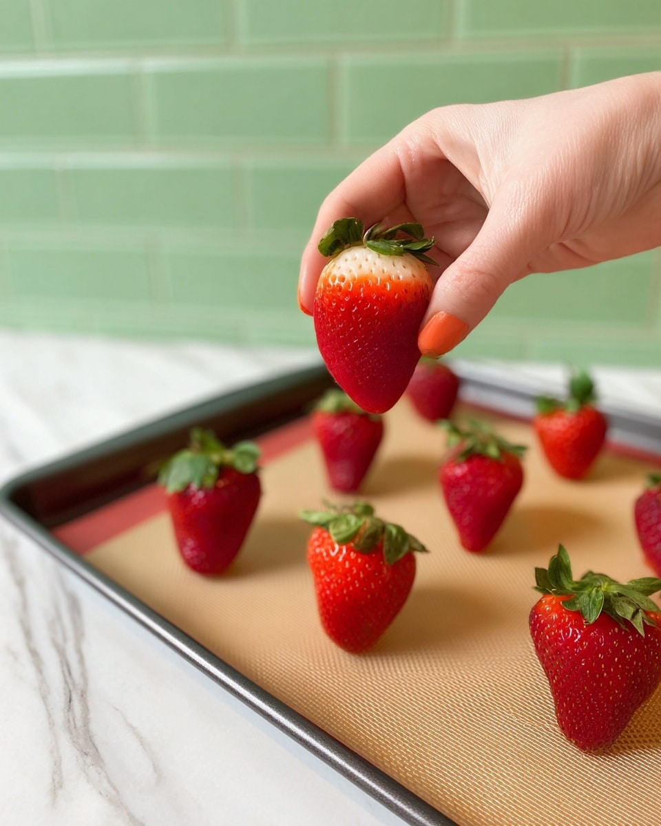 A close-up image shows a woman's hand holding a strawberry with the inside hollowed out, exposing a smooth red interior and green leafy top. Below, on a baking tray lined with a tan silicone mat, there are eight whole strawberries evenly spaced, all bright red with green leaves on top. The tray sits on a white marbled surface, and a pale green brick wall forms the soft background. Photo taken with an iphone --ar 4:5 --v 7