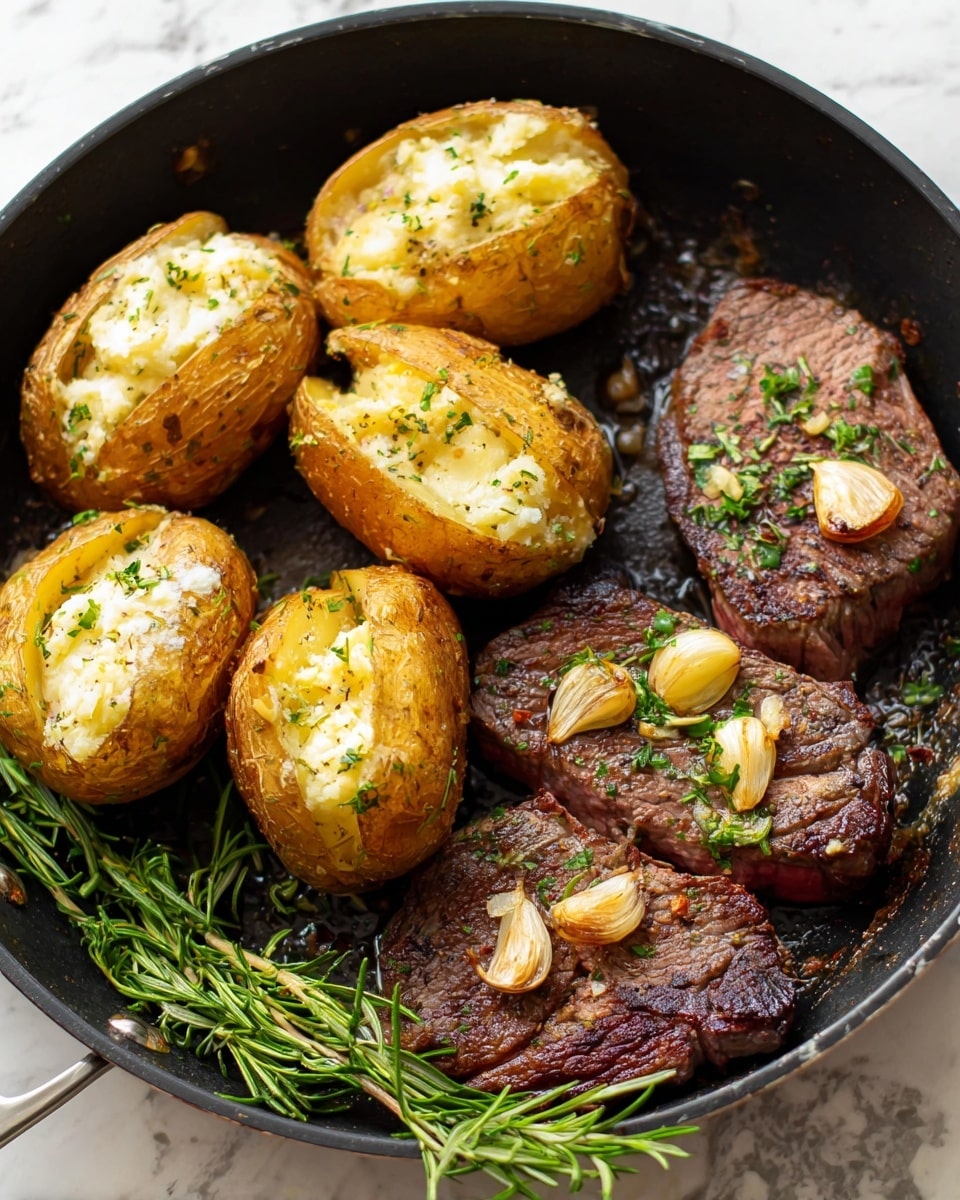 The image shows a close-up of a black pan filled with food placed on a white marbled surface. Inside the pan, there are four baked potatoes with golden brown skin, each split open to reveal a fluffy, light yellow inside mixed with white and small green herb pieces on top. Next to the potatoes, there are several slices of cooked steak, showing a browned outside with a pink center, garnished with green herbs and small pieces of roasted garlic. Some sprigs of fresh rosemary are also placed in the pan, adding a green and woody texture near the steak. photo taken with an iphone --ar 4:5 --v 7