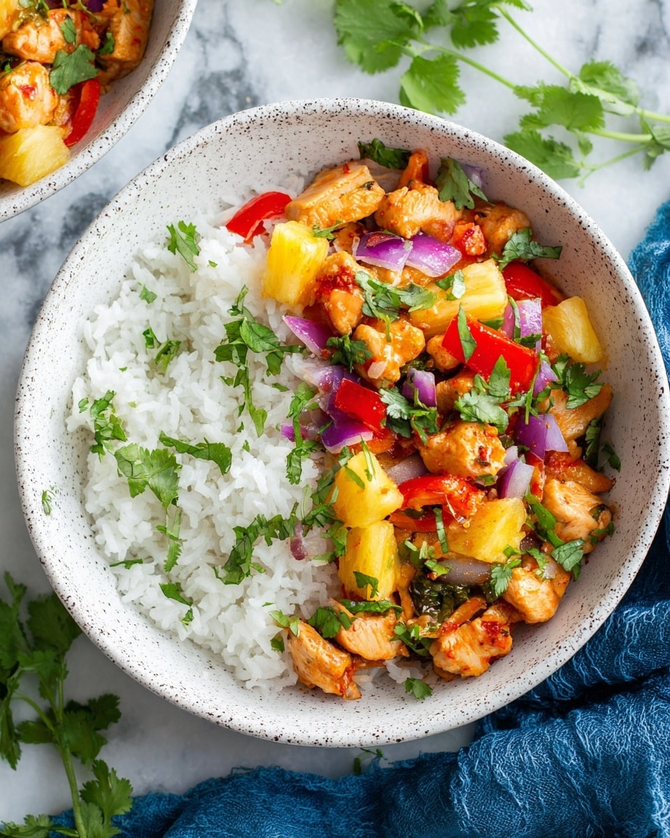 A white speckled bowl filled with three layers: the bottom layer is white cooked rice with fluffy texture, the middle layer has chunks of orange-colored cooked chicken, red and green bell pepper pieces, yellow pineapple chunks, and purple onion pieces mixed in a light sauce, and the top layer is garnished with fresh green cilantro leaves scattered over the dish. The bowl sits on a white marbled surface with a blue cloth napkin partially visible on the right side and some green cilantro leaves near the bottom left. Photo taken with an iphone --ar 4:5 --v 7