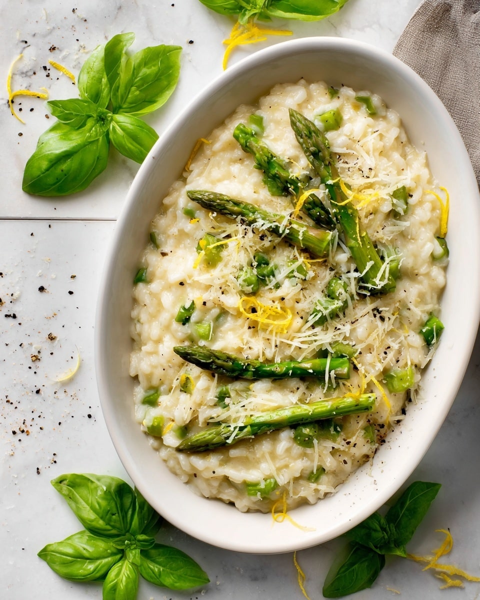 A white oval dish is filled with creamy, textured risotto that has a light off-white color. On top, there are bright green asparagus pieces placed in different directions, with small fresh basil leaves scattered around. Thin yellow lemon zest curls add color contrast, along with a sprinkling of finely grated white cheese and small specks of black pepper. Around the dish, vibrant green basil leaves rest on a white marbled surface, creating a fresh and bright setting. Photo taken with an iphone --ar 4:5 --v 7