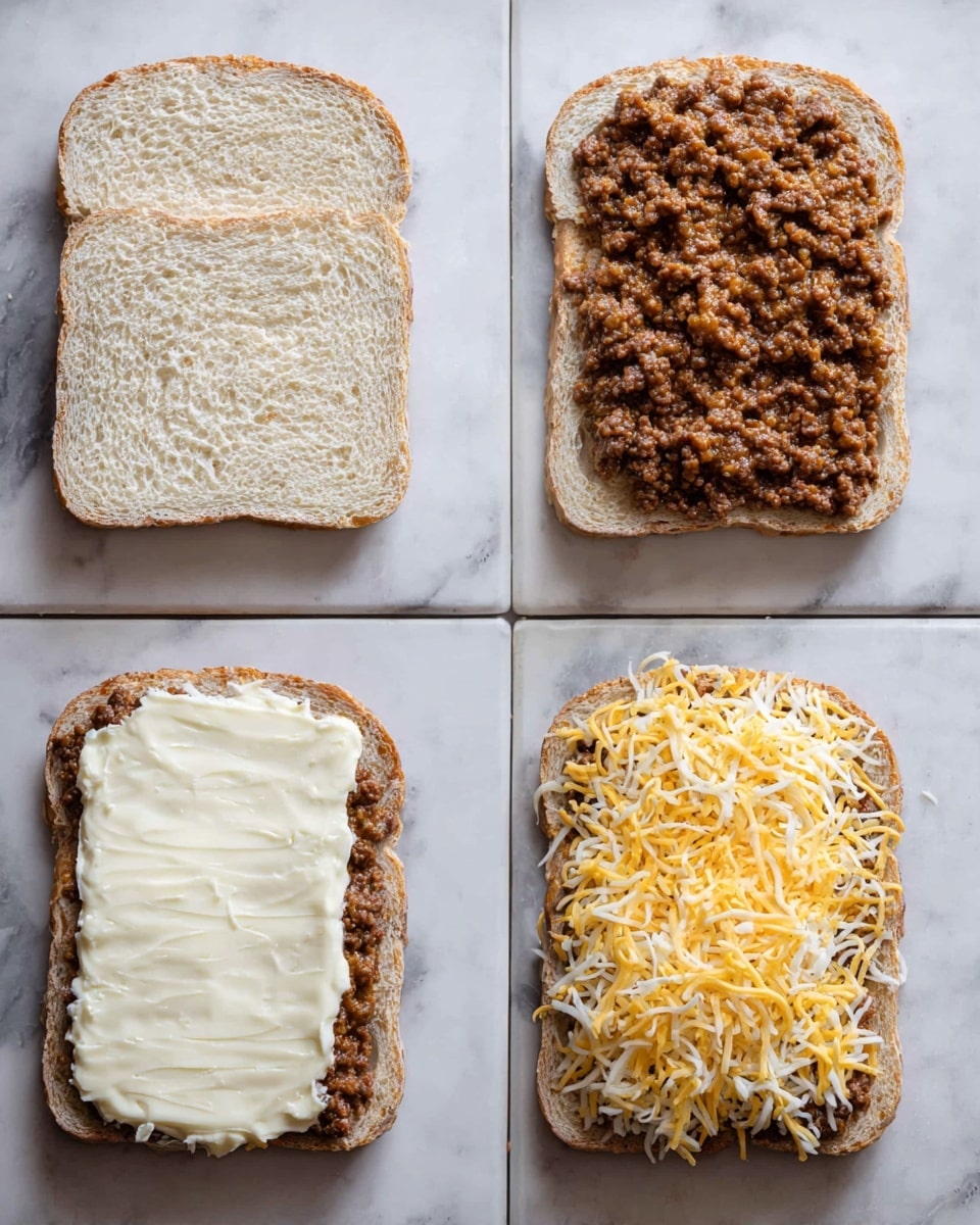 This image shows four stages of making an open meat sandwich on a white marbled surface. The first stage shows two pieces of sliced bread with a rough texture and light beige color, placed side by side. The second stage has the same bread slices, both covered evenly with a smooth, white creamy spread. The third stage layers a generous amount of cooked ground beef with a rich brown color spread over the creamy layer on both slices. The final stage adds a thick topping of shredded cheese in mixed shades of yellow and white, piled on top of the ground beef, spilling slightly over the edges. photo taken with an iphone --ar 4:5 --v 7