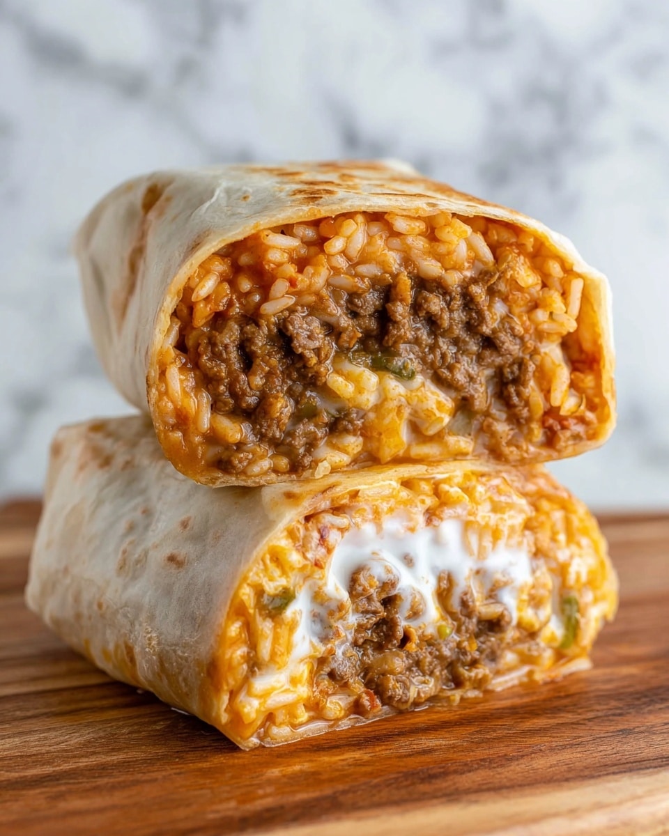 The image shows a close-up of two thick burrito halves stacked on a wooden board, revealing layers inside. The outer layer is a light beige tortilla that looks soft and slightly toasted. Inside, there are several layers: a top layer of orange-colored rice mixed with small pieces of vegetables, a middle layer of brown ground meat with a creamy white sauce in the center, and a bottom layer of melted yellow cheese. The filling looks moist and rich with a mix of textures from soft rice to creamy sauce and tender meat. The background is a white marbled texture. photo taken with an iphone --ar 4:5 --v 7