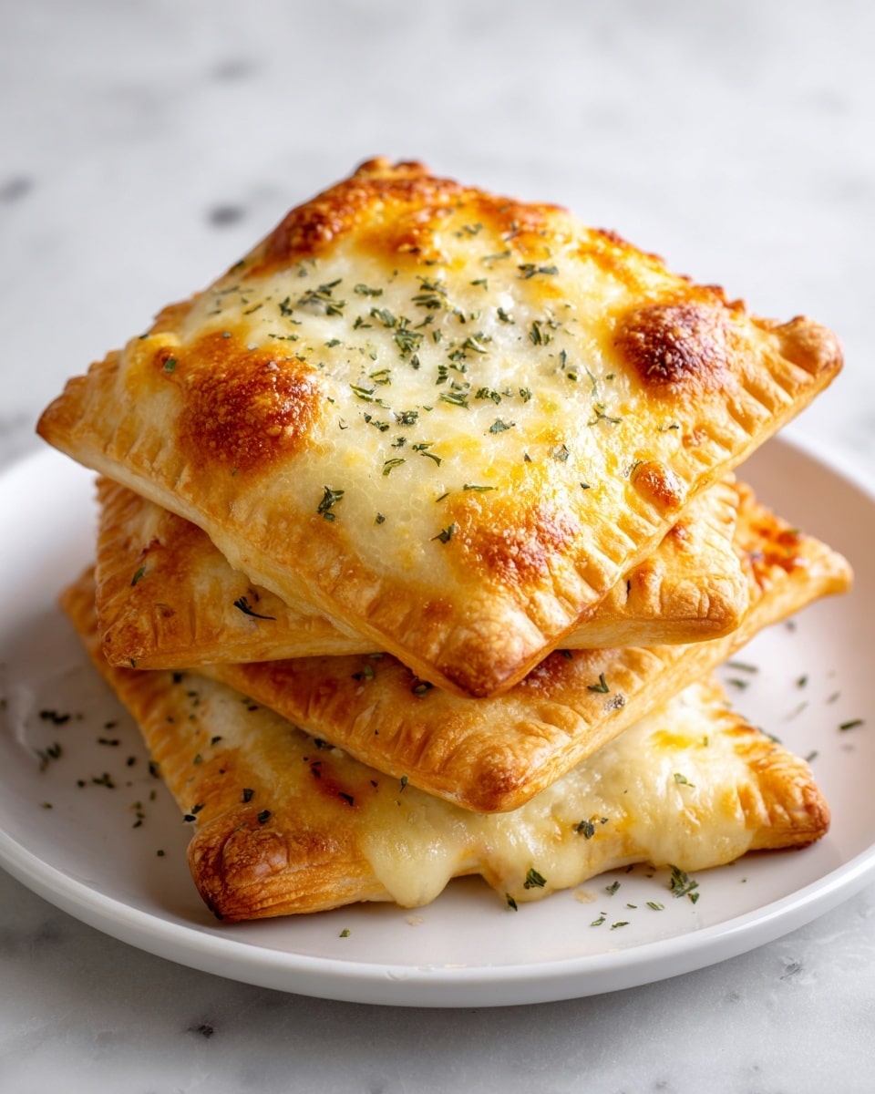 The image shows four square-shaped baked pockets stacked closely on a white plate, each pocket with a golden-brown crust topped with melted cheese that has scattered browned spots and sprinkled green herbs for garnish. The cheese layer has a smooth, slightly bubbly texture covering the entire surface of each pocket, while the crust underneath looks crispy and slightly puffed. The pockets are positioned on a dark surface with the white plate contrasting with the warm tones of the pockets. photo taken with an iphone --ar 4:5 --v 7