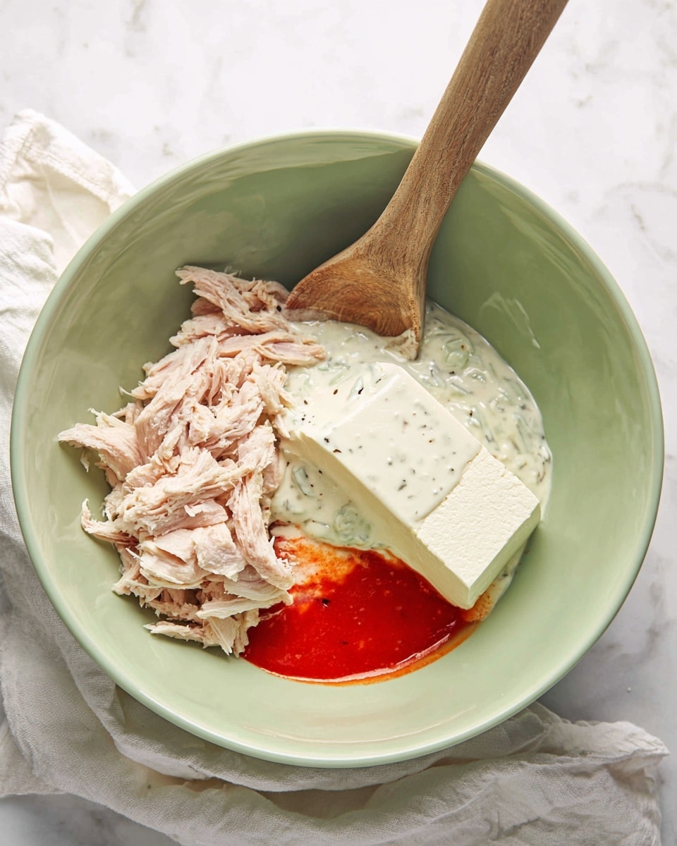 A light green bowl on a white marbled surface holds four distinct ingredients arranged side by side: shredded light pink meat on the left, a thick rectangular block of white cream cheese on the right, a creamy white sauce with visible black pepper specks and orange streaks below the cheese, and a bright red sauce next to the creamy sauce at the bottom center. A wooden spoon rests diagonally inside the bowl, with the handle pointing up and to the right. A soft white cloth is partially visible beneath the bowl on the left side. photo taken with an iphone --ar 4:5 --v 7