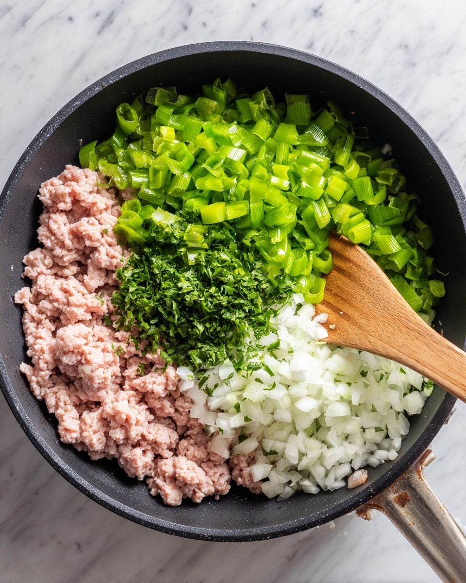 A black pan filled with three main layers is shown: the bottom layer is light pink ground meat, spread evenly across the pan’s surface; on top of that is a thick layer of chopped green celery pieces scattered around; the final layer is a generous amount of white diced onions covering the green celery. A wooden spoon is stirring the mixture from the right side. The background is a white marbled texture photo taken with an iphone --ar 4:5 --v 7