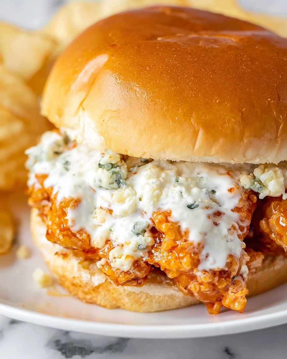 The image shows a white plate with a sandwich and potato chips on a white marbled surface. The sandwich has a soft golden brown bun with the top slightly lifted to reveal three layers: the bottom bun, a thick layer of reddish-orange cooked filling with visible chunks and sauce, and a thick creamy white sauce with small blue-green bits spread generously over the filling. The top bun rests at an angle on the side. Next to the sandwich, there is a pile of round, light golden potato chips with a crisp texture. Photo taken with an iphone --ar 4:5 --v 7