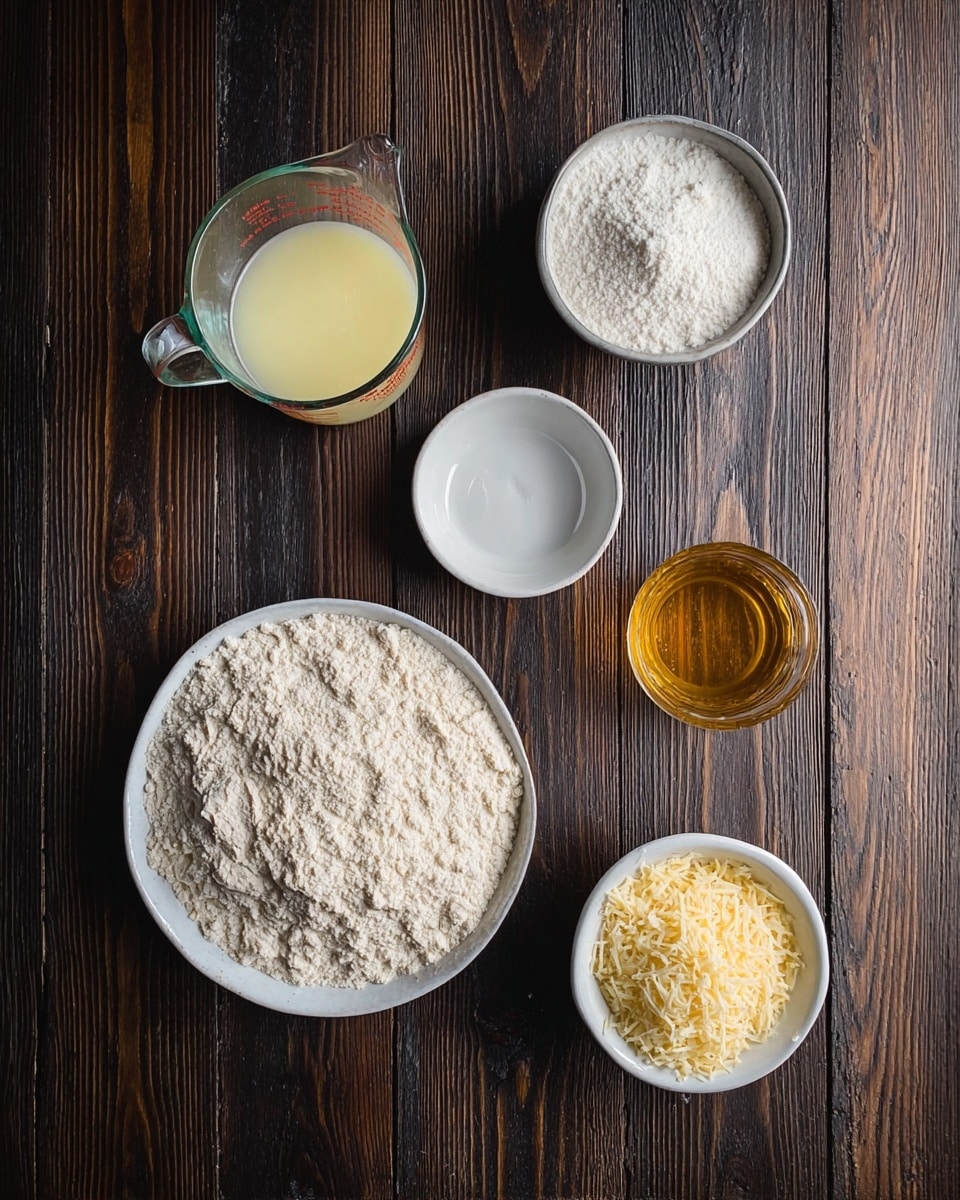 A top view of five containers on a dark wooden surface; a large white plate filled with light beige flour is in the bottom left, a glass measuring cup with a light yellow frothy liquid sits in the top left, a small white bowl with white powder is placed near the top center, a clear glass filled with golden liquid is positioned on the right side, and a small white bowl containing a heap of pale yellow grated cheese is at the bottom right, all arranged neatly. Photo taken with an iphone --ar 4:5 --v 7