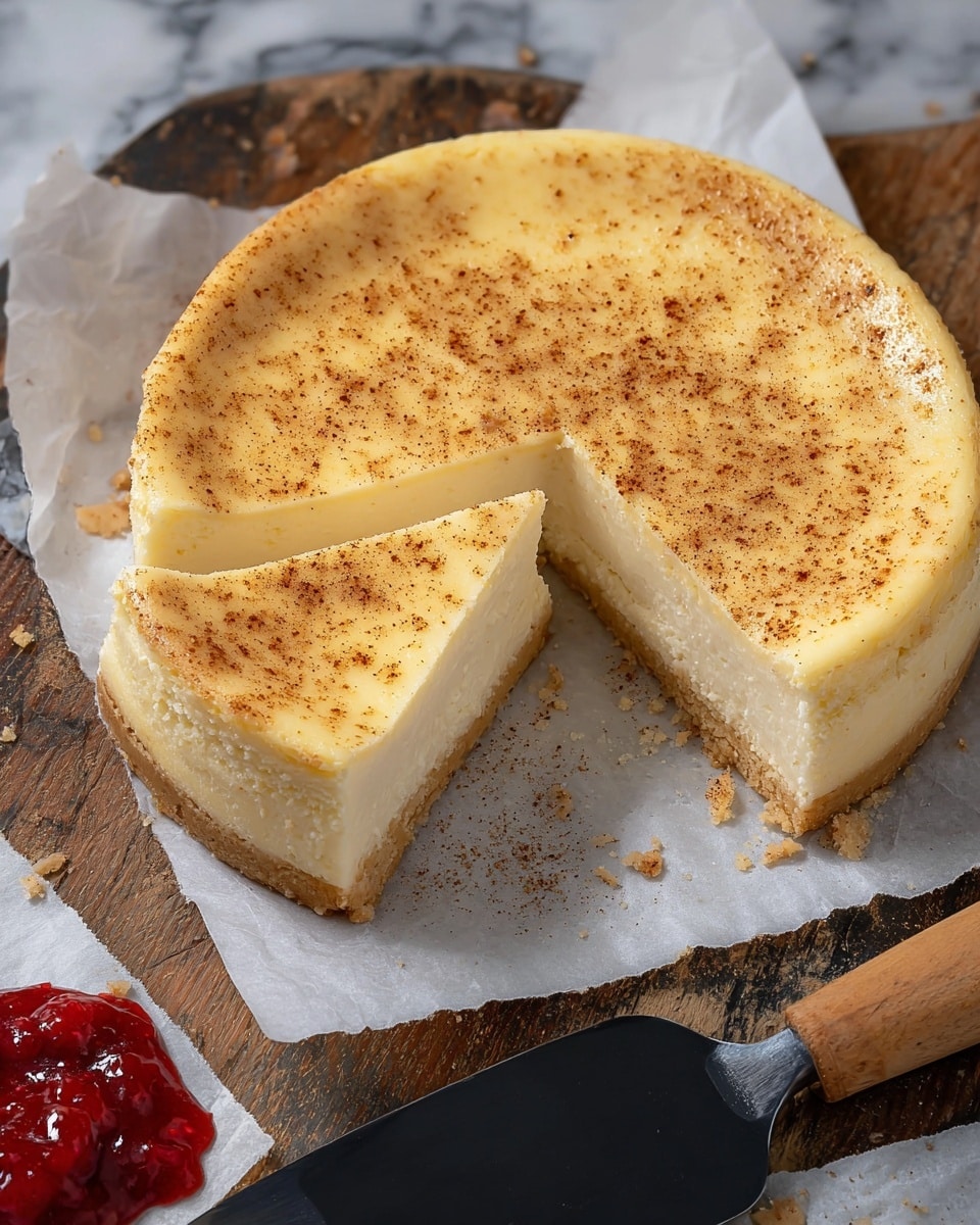 The image shows a round cheesecake with a smooth, light yellow top layer sprinkled lightly with fine crumbs and cinnamon. The cheesecake has a golden brown crust around its base and sides that contrasts with the creamy white inside. One slice is removed, revealing the thick creamy layer inside and the firm crust underneath. To the left, there is a small dollop of red strawberry sauce with a touch of cream. The cheesecake is placed on white parchment paper over a rustic wooden surface with a black spatula with a wooden handle nearby. The background is a white marbled texture. Photo taken with an iphone --ar 4:5 --v 7