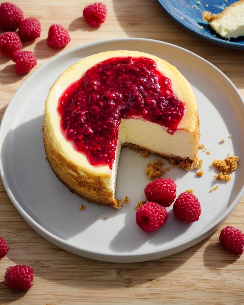A round cheesecake on a white plate with one slice taken out. The cheesecake has a light yellow creamy layer in the middle and a brown crumb crust on the edges. On top, there is a thick layer of bright red raspberry sauce with visible seeds, mostly centered but spilling slightly onto the cut slice. Three whole raspberries sit on the plate near the cheesecake, with a few crumbs scattered around. The plate is on a light-colored wooden surface with more raspberries and part of a blue plate with cake pieces visible at the edges. photo taken with an iphone --ar 4:5 --v 7
