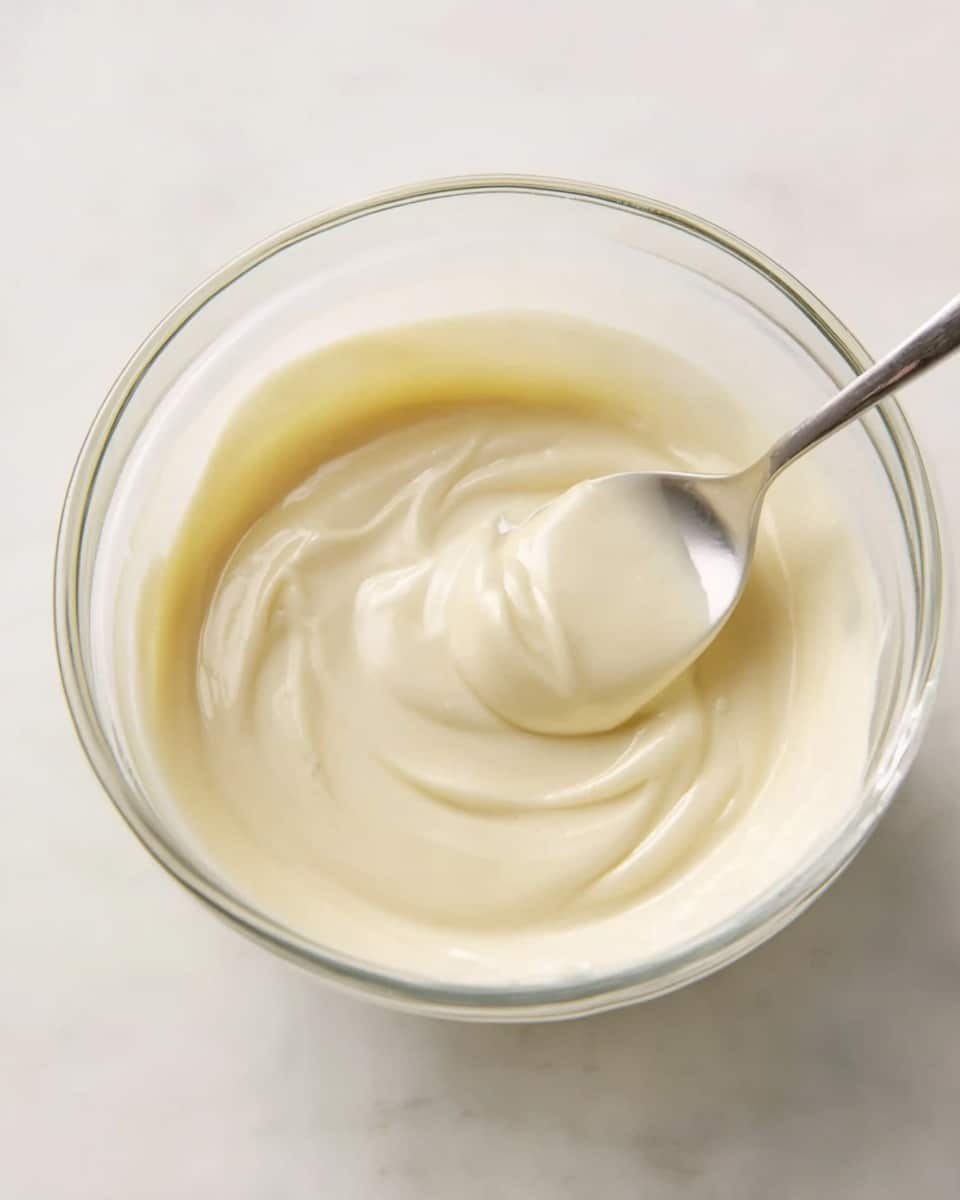 A clear glass bowl with smooth, creamy off-white sauce inside being stirred by a silver spoon from the top right corner. The sauce has a thick, soft texture with a shiny surface and gentle swirls forming in the center as the spoon moves. The bowl sits on a white marbled surface with soft shadows around it, showing a clean and simple setting. photo taken with an iphone --ar 4:5 --v 7