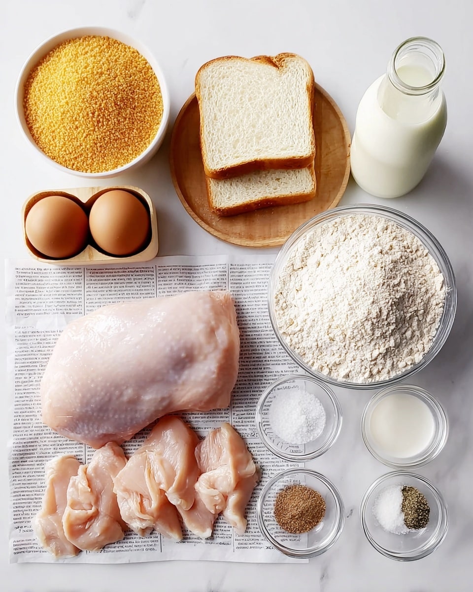 The image shows raw chicken pieces arranged on a sheet of newspaper; a whole large chicken piece is in the center, surrounded by smaller sliced pieces at the bottom. To the left, two brown eggs sit in a light wooden holder with two empty slots. Above the eggs, a clear bowl holds orange-yellow breadcrumbs. On a small wooden board above the chicken, two slices of white bread sit side by side. To the right of the bread, a small glass bottle is filled with white milk. Above the chicken on the right, a clear bowl holds white flour with a slightly rough texture. Next to the flour bowl are four small clear bowls arranged vertically, containing white salt, light beige seasoning, a coarser beige seasoning, and black pepper from top to bottom. All items are placed on a white marbled surface photo taken with an iphone --ar 4:5 --v 7