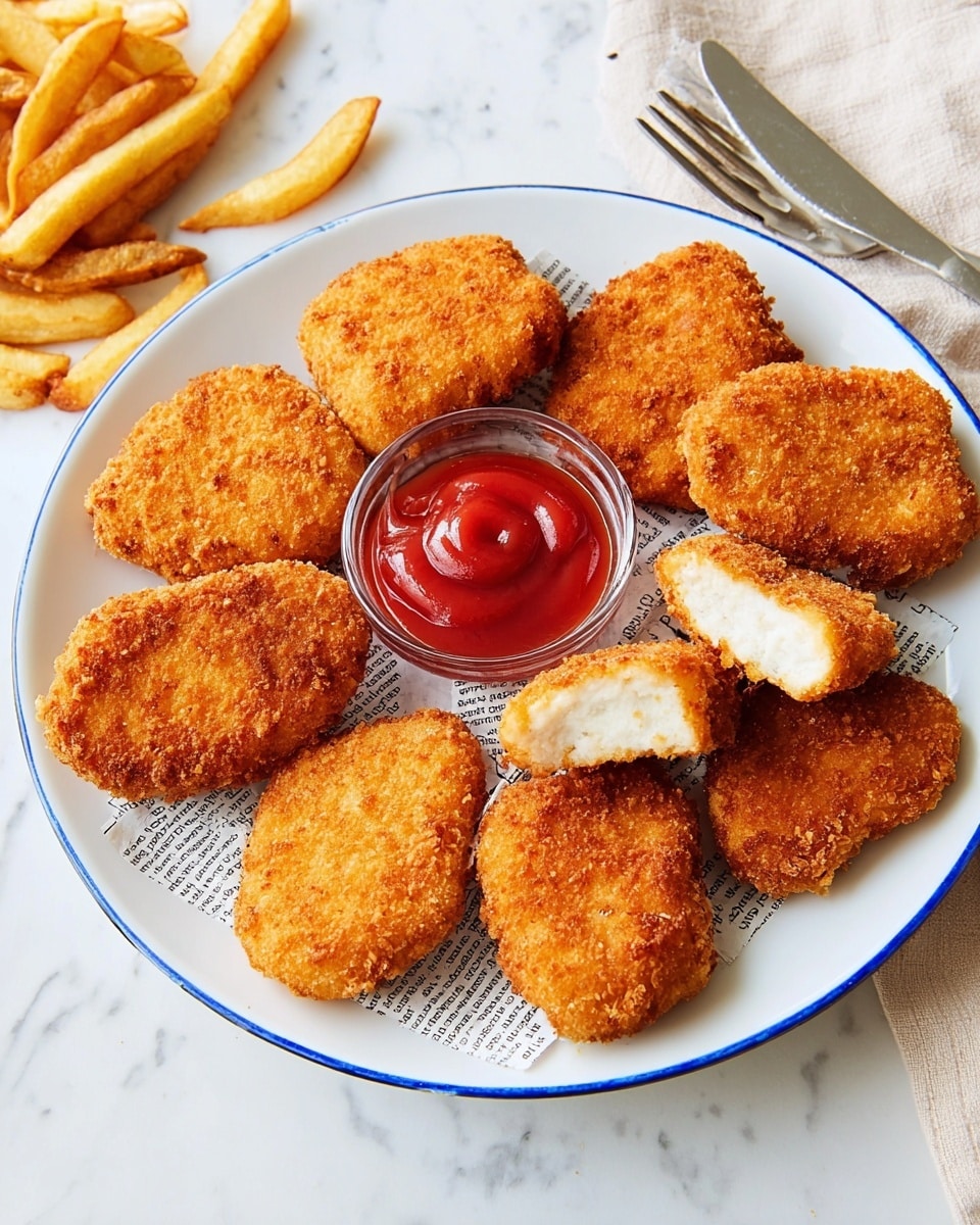 A white plate with a blue rim holds nine golden brown, crispy chicken nuggets, with one nugget broken open to show a white, soft inside. The nuggets are arranged on a piece of newspaper-style paper. At the top center of the plate, there is a small clear glass bowl filled with bright red ketchup. On the left side of the image, some golden fries are partially shown, resting on a white marbled surface. The right side shows a metal fork with a white handle on the same marbled surface. A light beige cloth is placed near the top right corner. The photo is taken with an iphone --ar 4:5 --v 7
