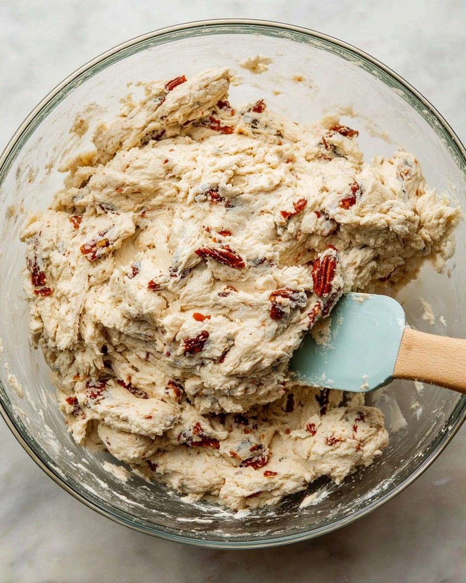 The image shows a glass bowl filled with thick, creamy dough mixed with visible pieces of red and dark brown vegetables or spices scattered unevenly throughout. The dough has a rough, soft texture, clumped together with folds and ridges, and a light beige color with specks of darker seasoning. A pale blue spatula with a wooden handle is partially inserted in the dough, positioned on the right side of the bowl. The bowl sits on a white marbled surface. photo taken with an iphone --ar 4:5 --v 7