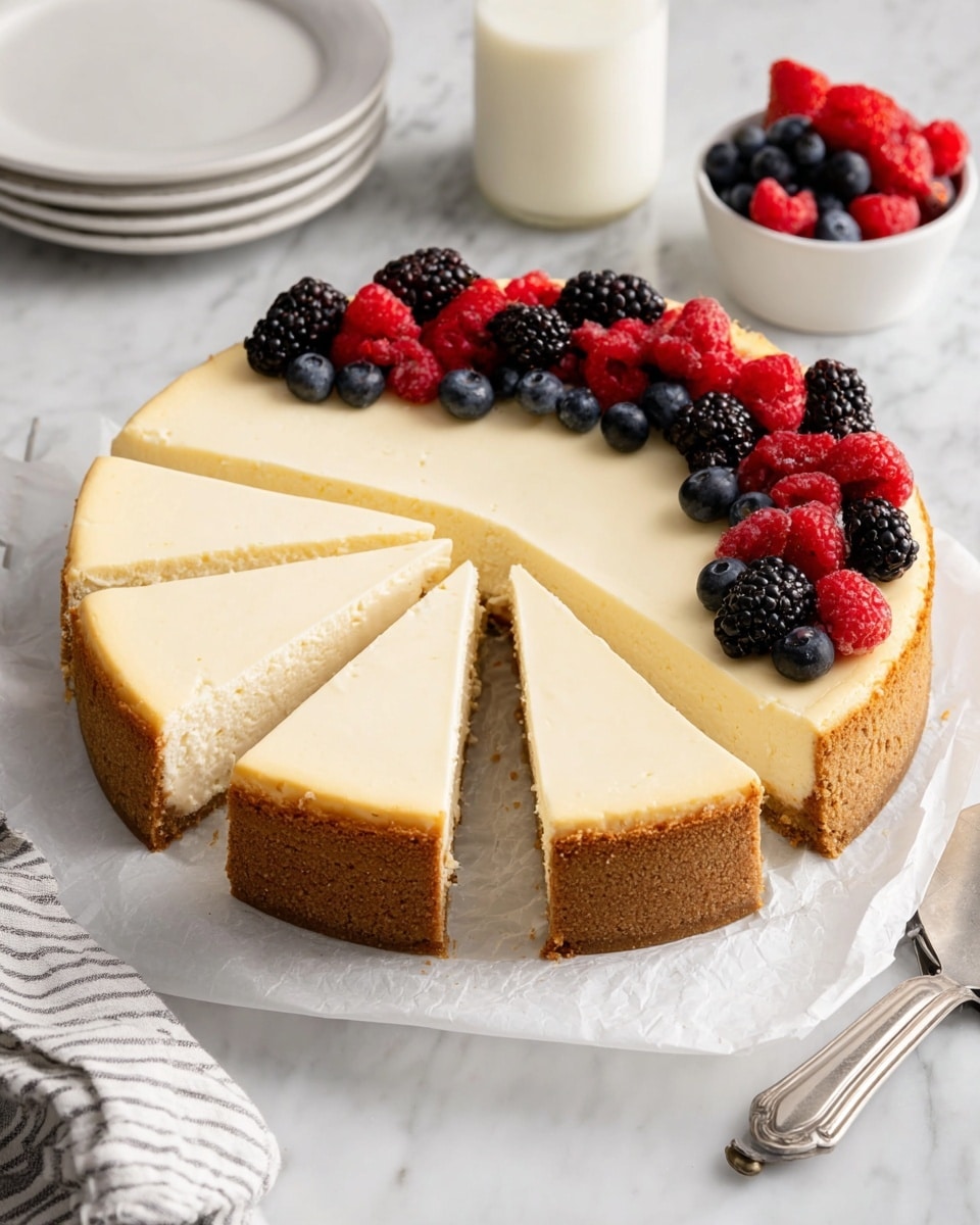 The image shows a round cheesecake with a thick, golden-brown crust at the bottom, a creamy off-white middle layer that forms the main body of the cake, and a slightly darker golden edge on top. The cheesecake is cut into eight slices, with one slice slightly pulled out to the side. On top of the cheesecake, there is a semi-circle decoration of fresh berries, including red raspberries, dark blackberries, and deep blue blueberries. The cake sits on white parchment paper over a white marbled surface. In the background, there is a small white bowl filled with more berries and a tall glass jar of milk. There are white plates stacked in one corner and a striped cloth napkin with a silver cake server nearby. Photo taken with an iphone --ar 4:5 --v 7