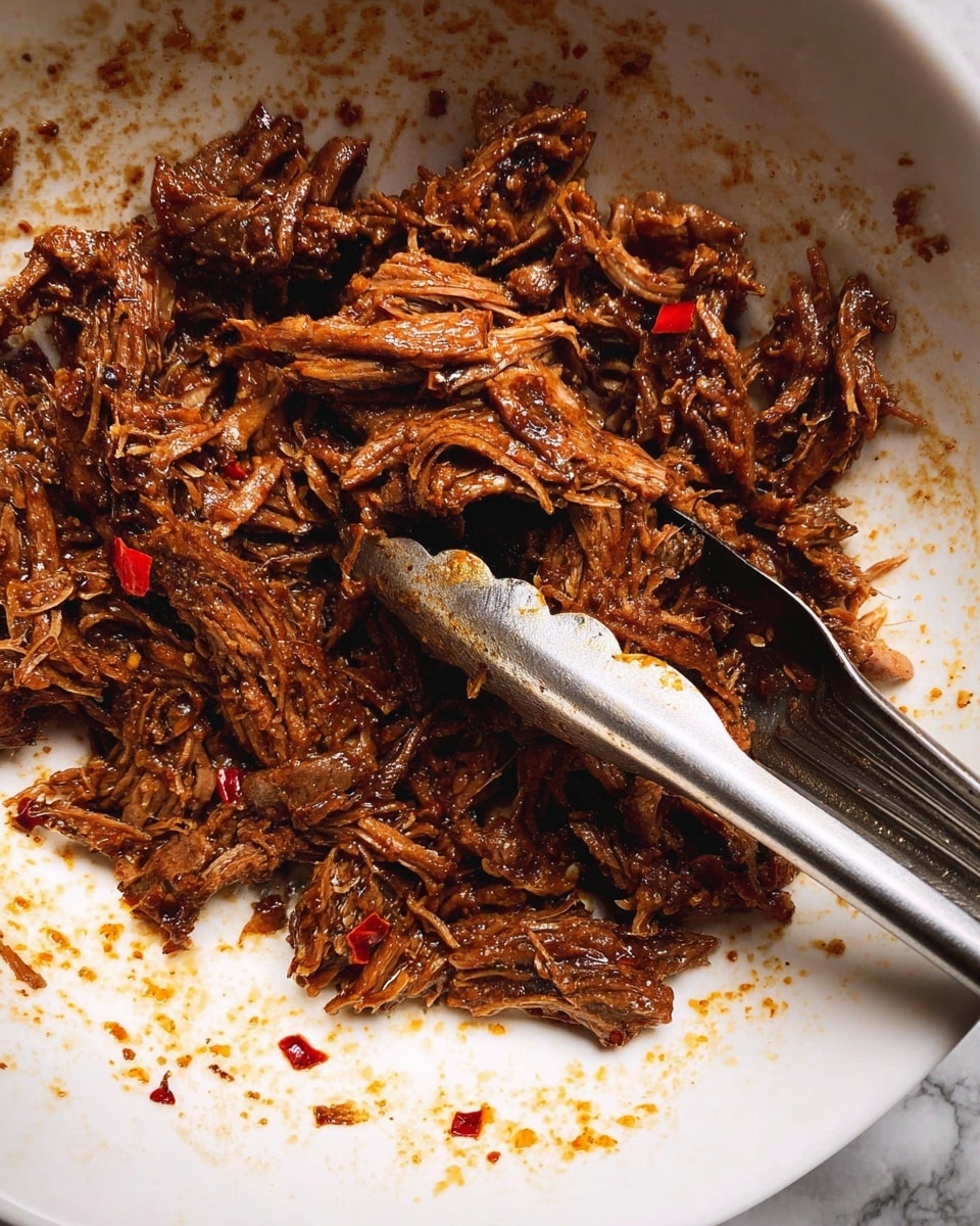 A close-up view of shredded dark brown meat with a slightly glossy texture, mixed with small red chili flakes, all inside a white bowl. A silver metal tong is holding some of the meat on the right side of the bowl, with bits of sauce stains visible on the tong and inside the bowl. The background shows a white marbled texture. photo taken with an iphone --ar 4:5 --v 7