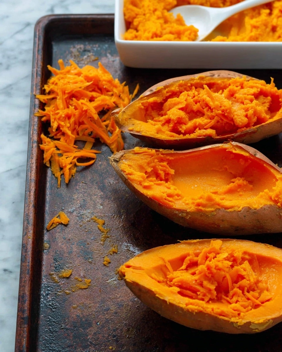 The image shows three hollowed-out orange sweet potato halves lined up on a dark baking tray, with the bright orange flesh scraped out cleanly inside each half. To the left are small piles of shredded sweet potato flesh, and in the background, there is a white rectangular dish filled with smooth mashed sweet potato, with a white spoon resting inside. The dark tray contrasts with the vibrant orange of the sweet potatoes, and the scene rests on a white marbled surface. photo taken with an iphone --ar 4:5 --v 7