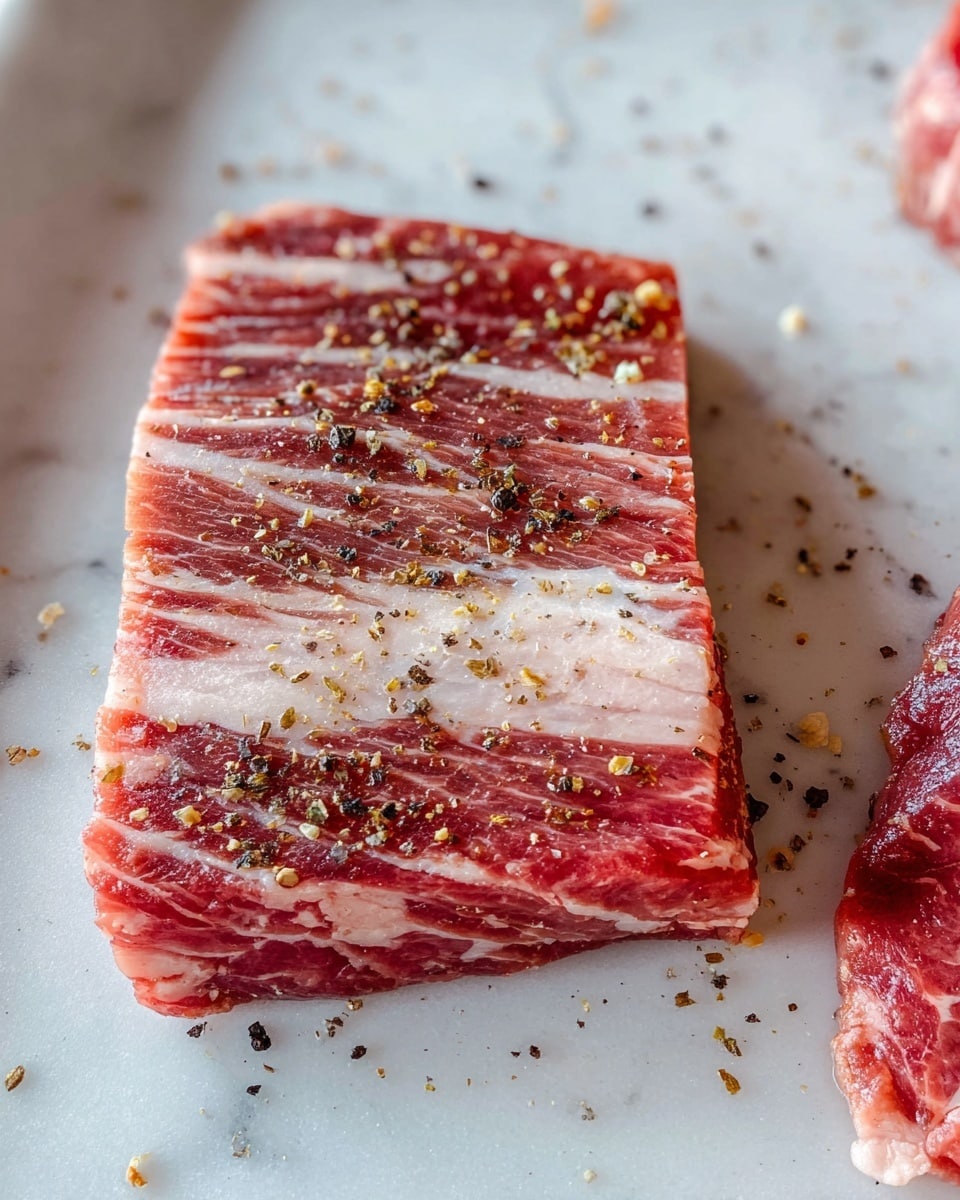 A close-up image of a raw piece of meat with visible white marbled fat running through the red flesh. The meat is rectangular and lies flat on a white marbled surface. Small black and white pepper pieces are sprinkled over the top, adding texture and color contrast on the meat. A smaller part of another piece of meat is visible on the right side of the frame. photo taken with an iphone --ar 4:5 --v 7