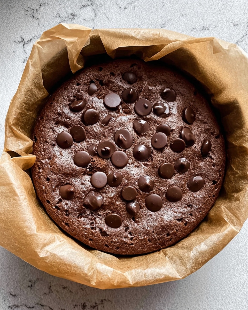 The image shows a round chocolate cake in a baking pan lined with light brown parchment paper, sitting on a white marbled surface. The cake has a smooth, rich, dark brown top layer with many evenly spread chocolate chips embedded on its surface, some melted slightly, adding texture. The parchment paper edges are slightly crinkled around the cake, giving a cozy homemade feel. photo taken with an iphone --ar 4:5 --v 7
