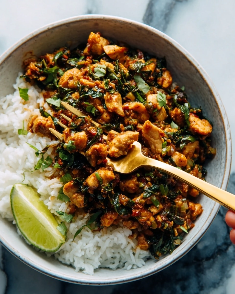A white bowl filled with a layer of white, fluffy rice at the bottom, topped with a thick, chunky mixture of small pieces of cooked chicken, green leafy herbs, and finely chopped vegetables in a dark brown sauce. A bright green lime wedge sits on the side of the bowl. A woman's hand is holding a golden fork that lifts some food, all placed on a white marbled surface. photo taken with an iphone --ar 4:5 --v 7