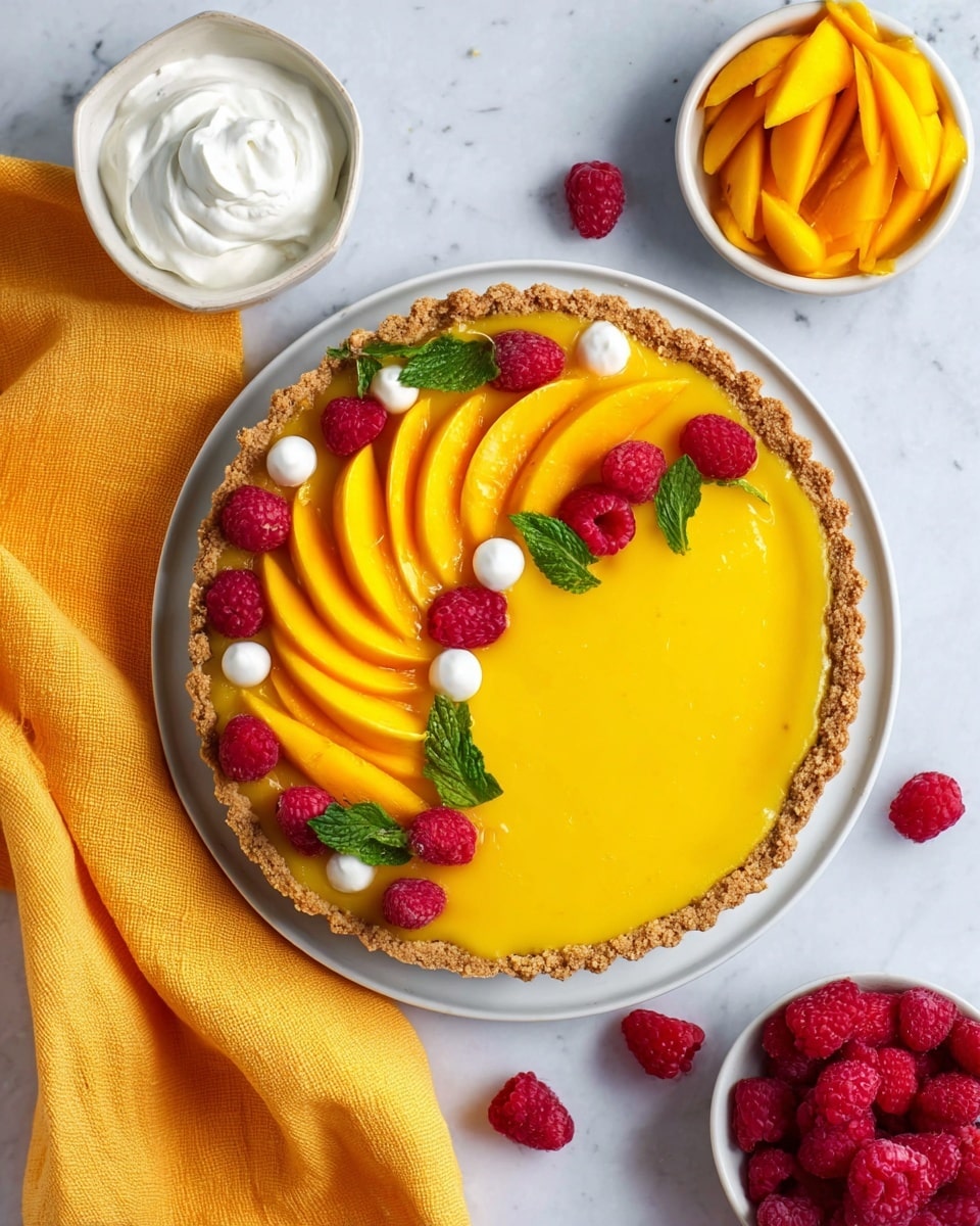 The image shows a mango tart on a white plate, placed on a white marbled surface with a yellow cloth under the plate. The tart has three main layers: a light brown crumbly crust on the bottom and sides, a smooth bright yellow mango filling, and on the top right side, thinly sliced mangoes arranged in curved overlapping layers. Red raspberries and small white whipped cream dots are scattered on the mango slices, with some fresh green mint leaves for decoration. Around the tart, there is a small white bowl with cream, a white bowl filled with loose raspberries, and a small white bowl with extra mango slices. Photo taken with an iphone --ar 4:5 --v 7