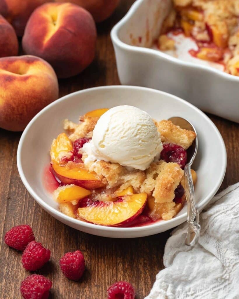 Delicious Peach Cobbler with Raspberries and Vanilla Ice Cream Recipe