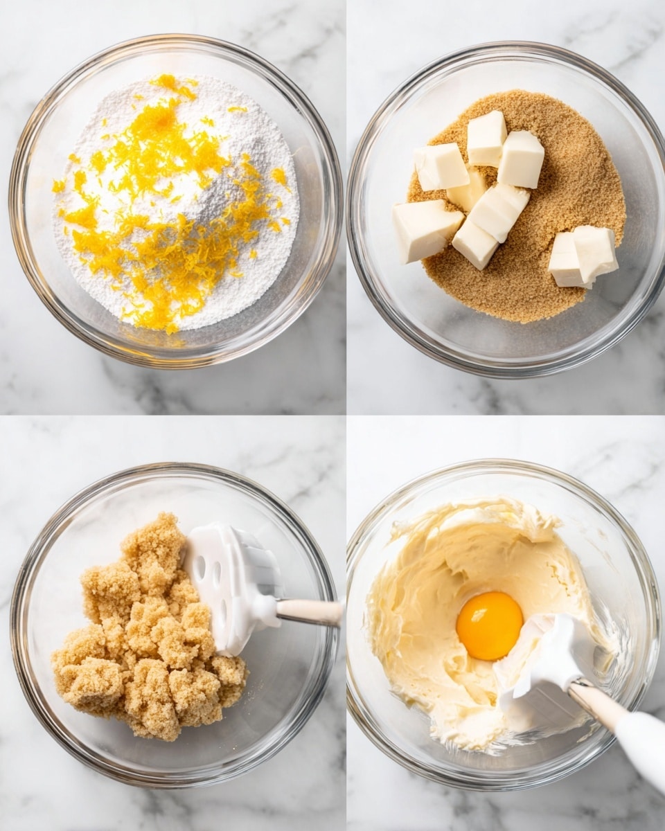 The image shows four clear glass bowls, each with different stages of mixing ingredients on a white marbled surface. The first bowl has a layer of white sugar with bright yellow lemon zest on top, spread mainly in the center. The second bowl adds a light brown sugar layer on the right side above the white sugar and zest. The third bowl mixes the brown sugar with four cube-shaped pieces of butter on top, which are creamy white and placed mainly in the middle. The fourth bowl shows a creamy, light beige batter with an intact bright yellow egg yolk in the center, next to a white mixing paddle partially covered in the batter. Photo taken with an iphone --ar 4:5 --v 7
