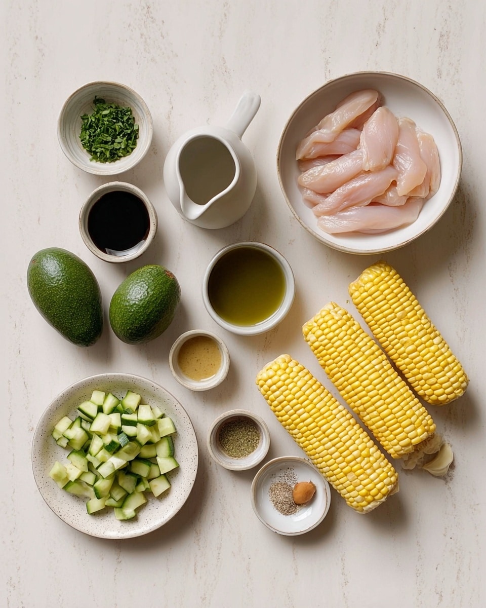The image shows raw ingredients neatly placed on a white marbled surface. There is a shallow white bowl on the top right holding five pieces of raw pale pink chicken strips. To the right of the bowl, three bright yellow corn cobs are positioned vertically in a group. Near the center, a small white pitcher with a dark liquid sits alongside two ripe dark green avocados. Below, a white bowl filled with chopped green cucumbers is placed near small cups and bowls containing different seasonings and liquids, including light brown and green sauces, chopped green herbs, two garlic cloves, ground black pepper, dried herbs, salt, and a small dollop of brown mustard on a round white plate. The ingredients are spaced out clearly on the surface, giving a clean and organized look. Photo taken with an iphone --ar 4:5 --v 7
