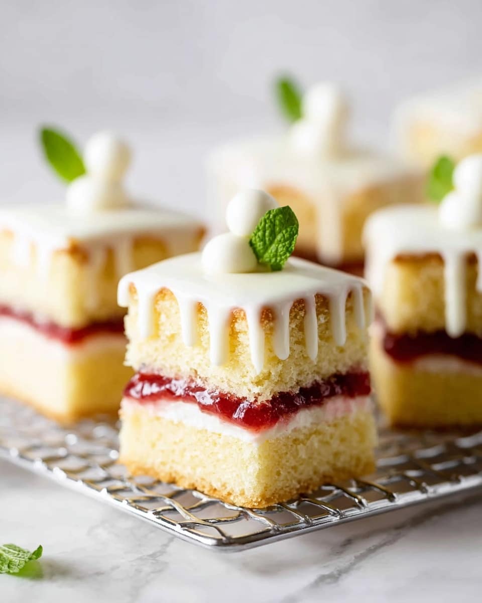 The image shows small square layered cakes on a metal wire rack over a white marbled surface. Each cake has three layers: the bottom and top layers are light yellow sponge cake, the middle layer is white cream, and just above the cream there is a thin layer of red jam. On top of each cake, white icing drips down the sides slightly. One cake is decorated with a small green mint leaf and a small white ball on top. The background is soft and white, making the cakes the main focus. Photo taken with an iphone --ar 4:5 --v 7