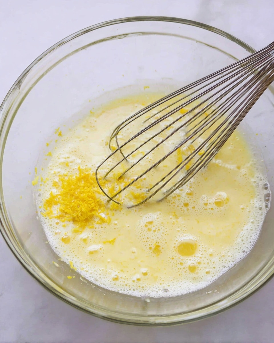 Inside a clear glass bowl on a white marbled surface, there is a light yellow mixture with frothy bubbles and small pools of liquid. On the left side of the bowl, fine yellow zest is gathered. A metal whisk with long, thin wires rests inside, partially covered by the mixture, angled from right to left. The overall texture looks smooth with some foam on top. photo taken with an iphone --ar 4:5 --v 7