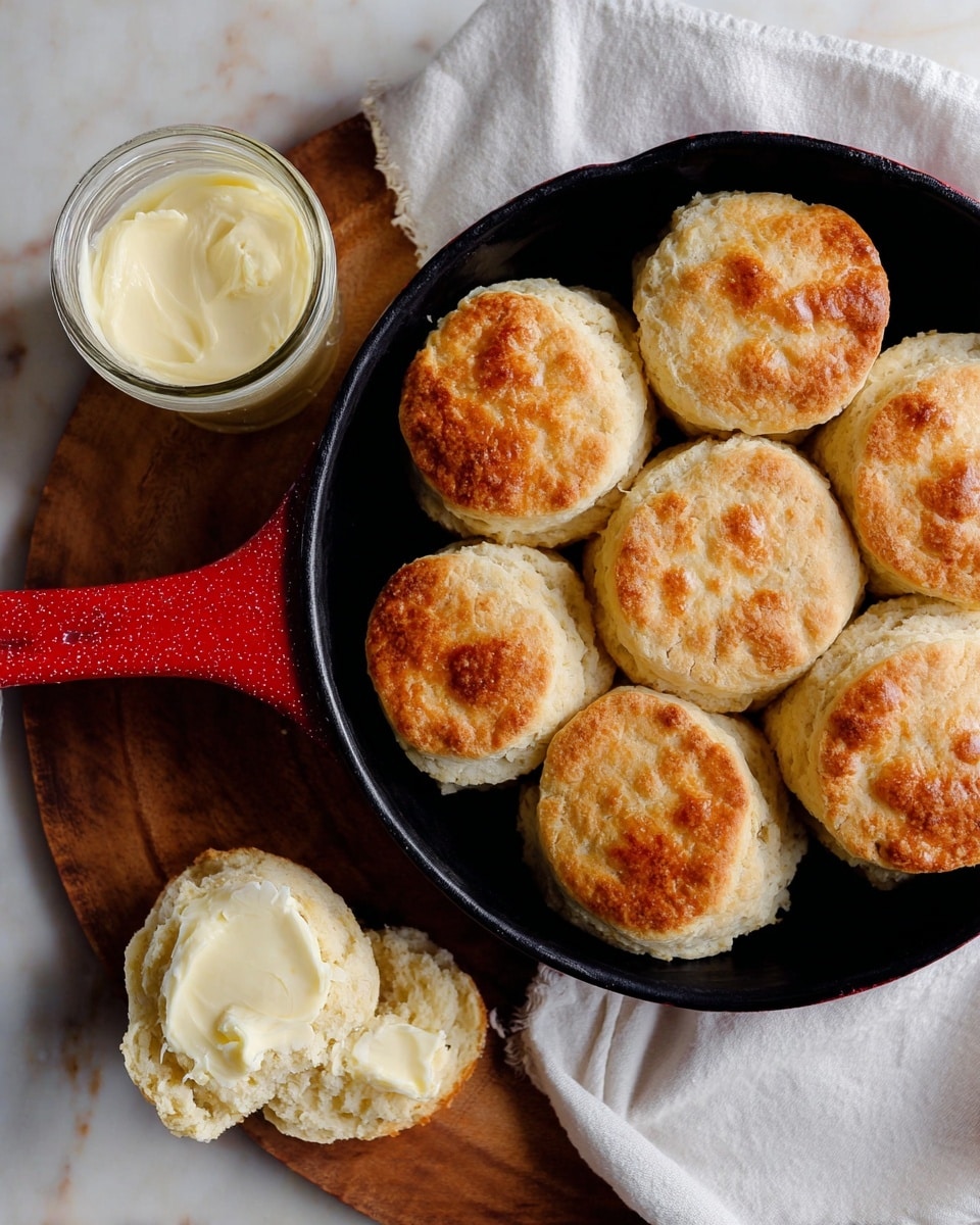 Three golden brown biscuits with a soft, fluffy texture showing inside are stacked on a wooden board. The top biscuit is square-shaped with a slightly crisp, golden crust, and the two round biscuits below it have a similar texture with visible crumbs around them. In the background, a baked batch of biscuits is in a red cast iron pan, slightly out of focus. The surface under the board is a white marbled texture. photo taken with an iphone --ar 4:5 --v 7