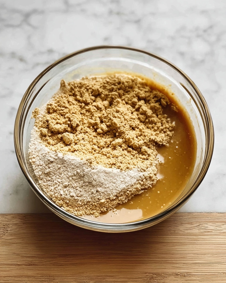 A clear glass bowl sitting on a white marbled surface holds a mixture with two main textures and colors; the base layer is a smooth, golden brown liquid, partially covered by a thick layer of light beige crumbly powder on top, with the powder having an uneven, slightly clumpy texture spread across the surface. photo taken with an iphone --ar 4:5 --v 7