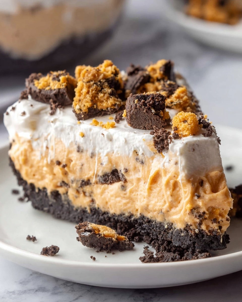 A slice of dessert with three main layers sits on a white plate over a white marbled surface. The bottom layer is a dark, crumbly cookie crust that looks dense and slightly rough. Above it is a thick, creamy layer in a light orange color with a smooth texture mixed with small cookie pieces. On top is a fluffy white layer of whipped cream or frosting, soft and light. The dessert is topped with broken cookie chunks in dark brown and golden bits scattered unevenly, adding texture and color contrast. Photo taken with an iphone --ar 4:5 --v 7
