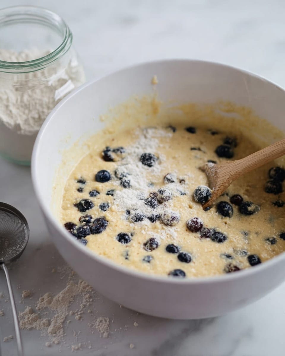 A white bowl filled with a light yellow batter mixed with scattered small dark blueberries and some flour sprinkled unevenly on top. A wooden spoon rests inside the bowl, partially covered by the batter and flour. The bowl sits on a white marbled surface, with a glass jar of flour and a metal measuring spoon nearby, all slightly out of focus. Photo taken with an iphone --ar 4:5 --v 7