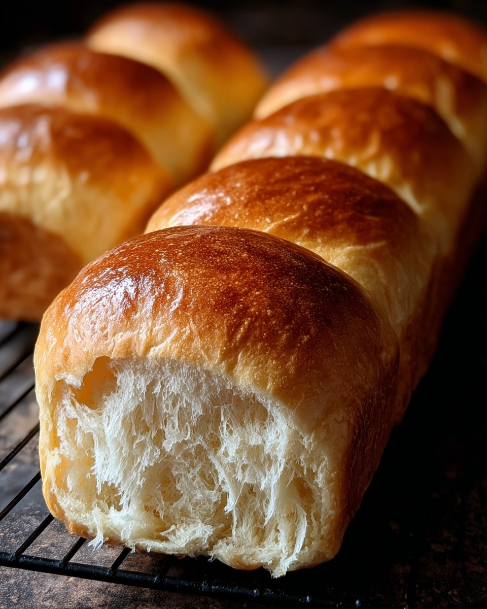 A row of four soft dinner rolls connected to each other, each with a shiny, golden brown top crust and a fluffy, light beige inside showing a stringy, airy texture. The rolls have round, smooth tops and slightly uneven sides where they meet. They are placed on a black cooling rack with thin wires, and the surface below the rack has a dark, textured look. The focus is on the first roll, which shows the open inside clearly, while the other rolls fade softly in the background. Photo taken with an iphone --ar 4:5 --v 7